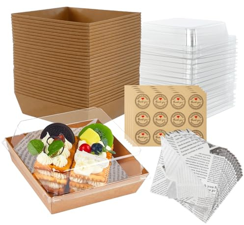 WATUNID Lot de 50 boîtes à charcuterie en papier avec couvercles transparents, boîtes alimentaires carrées jetables de 12,7 cm avec 50 feuilles en papier sulfurisé et 60 autocollants, boîtes à dessert