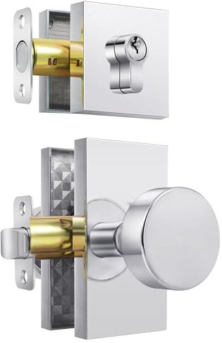 Newlaking Türknauf mit Riegel, polierter Chrom-Zinklegierung, runder Hebel mit rechteckiger Rückplatte, Schlüsselschloss-Set für Innen- und Außentüren, Flur, Büro, 1 Stück