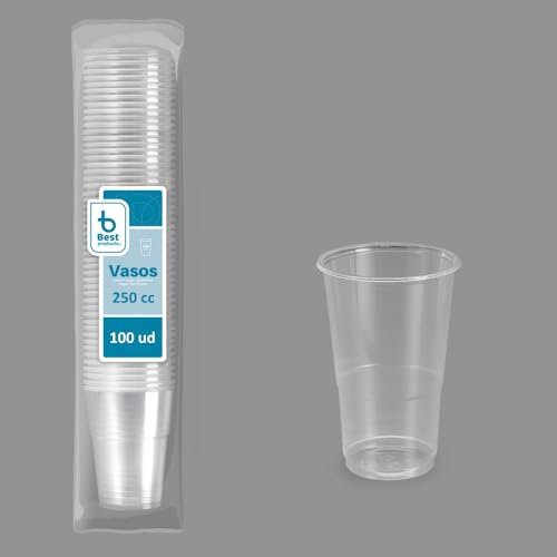 BEST PRODUCTS 100 vasos reutilizables transparentes de 250 cc | 100 vasos de plástico resistentes y duraderos para bebidas frías y calientes, café, agua, sidra, cocteles, fiestas y eventos.