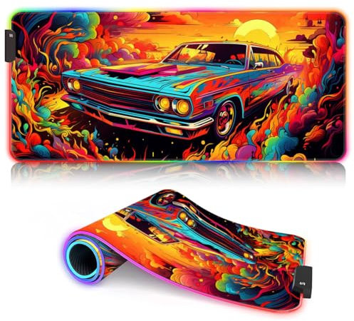 HEYCE Tapis de Souris pour Clavier Voitures Anciennes sur la Rue LED Tapis de Souris XXL ROG Grand Tapis de Souris étendu (90x40x0,3) cm Convient aux Souris optiques et Laser