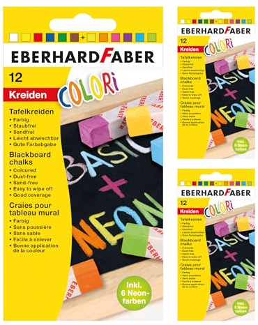 EBERHARD FABER 599031 - Gesso Lavagna Colori, 36 gessetti in 12 Colori Base e Neon