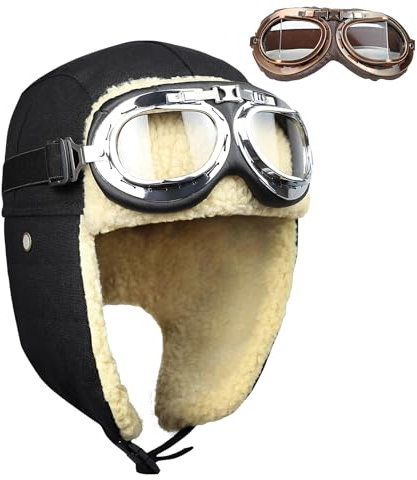 BAIFUMEN Vintage-Fliegerhut und Brille mit Maske, Kunstpelz-Ohrenschützer, Kostümzubehör, Trooper-Trapper-Pilotenmütze für Damen und Herren, Piloten Kostüm Damen, Kinder Pilotenmütze（Schwarz）
