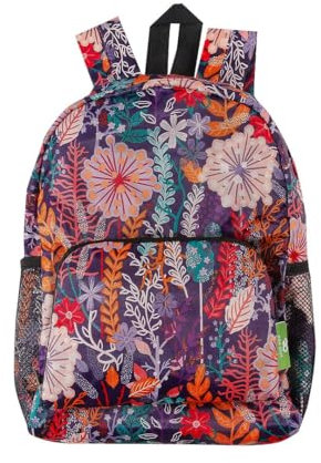 ECO CHIC Lightweight Foldable Water Resistant Mini Backpack Folds Into Pouch for Storage (Lush Floral Purple)