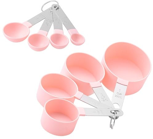 8 Pieces Measuring Cups and Spoons Set Measuring Cups for Baking Nesting Measure Cups with Stainless Steel Handle 4 Measuring Cups / 4 Measuring Spoons for Baking Kitchen Tools (Pink)
