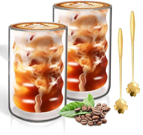 LISDATKE Latte Macchiato Gläser Doppelwandig 400ml 2er Set mit 2 Löffeln Kaffeegläser Doppelwandig aus Borosilikatglas Cappuccino Gläser Thermogläser