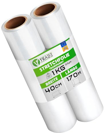 V1 Trade Film Etirable Demenagement - 2 Rouleaux Film Palette Transparent 40cm x 170m - Plastique Protection pour Colis et Meubles