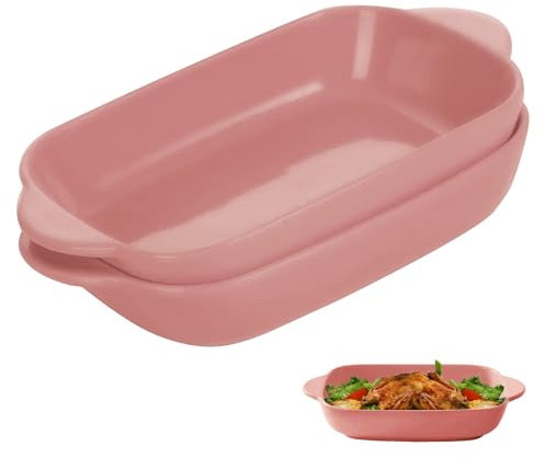 Fuente de cerámica para horno (2 unidades, forma de lasaña, rectangulares, 22,2 x 13,5 x 4,5 cm, esmaltada de colores, para lasaña, hornear, comida gourmet, resistente al calor), color rosa