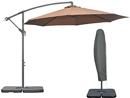 Outsunny Ombrellone Decentrato Ø3x2.5 m con Base a Croce, Pesi e Manovella, Ombrellone a Sbalzo in Metallo e Poliestere 180 g/㎡ a 6 Stecche, Protezione UV, Color Caffè