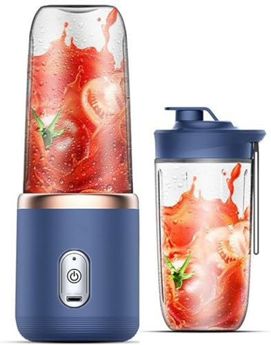 Portable 400ml Mini Juice Blender, Fruit Juicer Mixer, Rechargeable Personal Smoothie Maker with 6 Blades for Shakes & Travel Cup with Extra Cup (Blue)