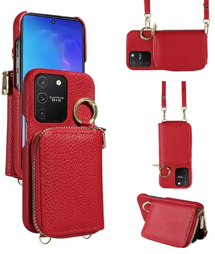 Furiet Wallet Case for Samsung Galaxy S10 Lite with Shoulder Strap Ring Buckle, Luxury PU Leather Zipper Organ Purse, Credit Card Holder Stand Cell Phone Cover for S10lite S 10 10s A91 Women Men Red