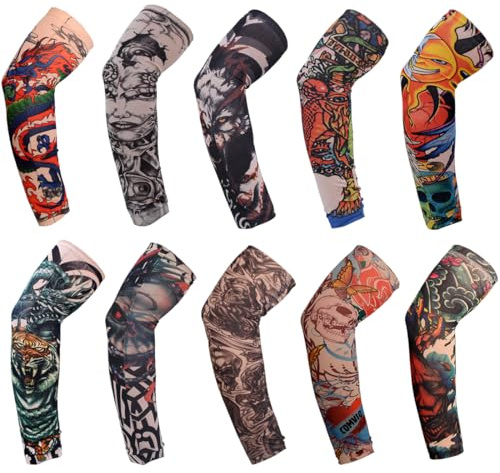 JAWUZ 10 Pièces Manchons de Tatouage,Tatouage Temporaire Manchettes de Bras Faux pour Hommes Femmes,Tatouages temporaires Manches en Nylon pour Fête,Halloween,Carnaval