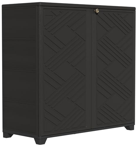 ZZM Indoor/Outdoor Storage Cabinet Waterproof, 34x15x34 Plastic Outdoor Storage Box for Garden Balcony Bathroom, All Weather Outdoor Storage Clearance, DIY Usage, with 1 Shelf (Black)