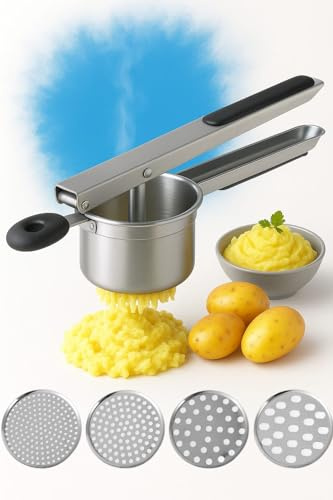 Kartoffelpresse aus Edelstahl mit 4 austauschbaren Scheiben, Multifunktional für Fein, Mittel, Grob und Breit