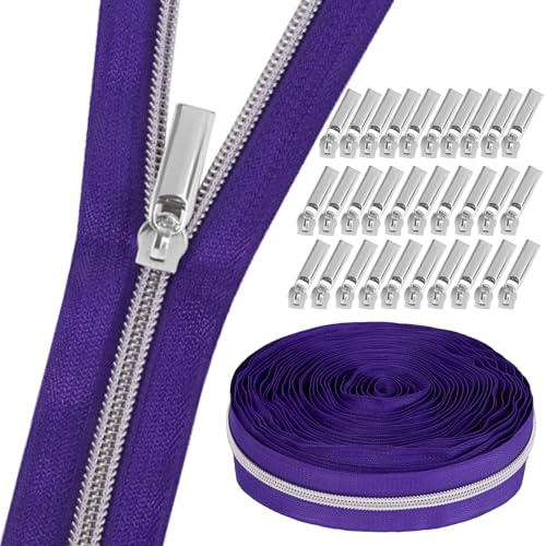 GUBOCA 9 M Reißverschluss,Näh Endlosreißverschluss mit Zipper,mit 30 Stück Reißverschlüsse Zubehör für Taschendekoration (Silber,Lila)