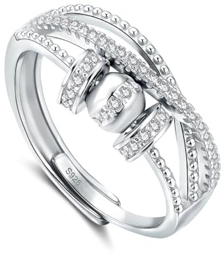 Bewenda Silber Anxiety Ring für Damen, 925 Sterling Silber Angst Ring mit Perlen Zirconia, Flexibel Verstellbar Anti Stressring, Unendlichkeit Spinner Fidget Ringe, Unisex Stimmungsring gegen Stress