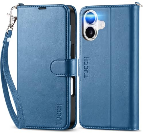 TUCCH Wallet Case with Wrist Strap for iPhone 17 (6.3) 2025, Lake Blue | 4 Card Holders, RFID Blocking, Viewing Stand, Shockproof TPU Shell, Premium PU Leather, Magnetic Closure, Folio Flip Cover