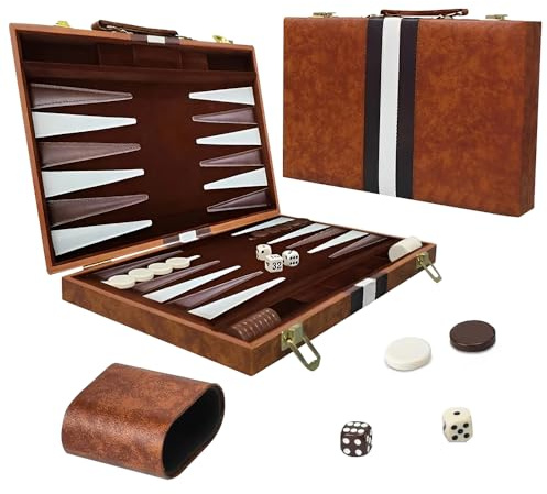 RNPKZ Backgammon Set, 15 Inch Portable Travel Backgammon Set with Premium Leather Case, Folding Classic BackgammonSets, 2 Players Classic Backgammons Board Game for Kids Adults Family Party (Brown)