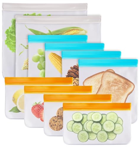 10 Pièces Sac Congelation Reutilisable, étanches et Extra épais, PEVA Sacs Congelation avec Zip, Sachet Congelé Reutilisable Zip pour Ranger Légumes, Collations, Viandes, Anti-Fuite