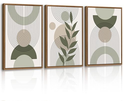 3 Pcs Boho Salbei Grün Leinwand Bilder mit Rahmen Set, Ästhetik Pflanze Blatt Wandbilder Grün Geometrische Linien Bild Auf Leinwand Poster Kunstdrucke Deko für Wohnzimmer Schlafzimmer Büro 40X60cm
