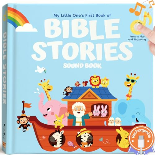 Bible Stories Christian Sound Books for Kids & Toddlers – 6 Christian Jesus Songs, Religious Christening and Baptism Gifts for Baby Boys, Rechargeable Music Song Books, Interactive Bible Toys