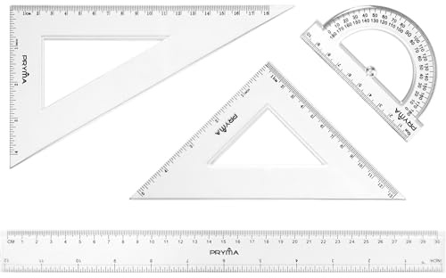 Pryma Set Strumenti Geometrici 4 Pezzi – Righello 30 cm + Squadra 45° + Squadra 60° + Goniometro 180° – Strumenti di Precisione per Scuola e Ufficio