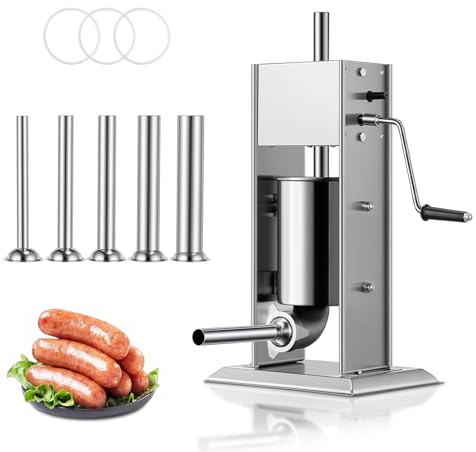 Manual Sausage Stuffer, 7LBS / 3L Sausage Maker, Dual Speeds Control, 304 Stainless Steel Sausage Filler with 5 Stuffing Tubes, for Commercial & Home Use