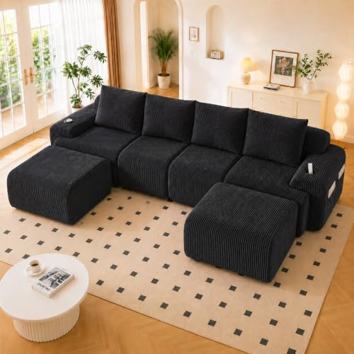 Bladez Sofá modular en forma de U, sofá de 4 plazas moderno de cordón con pufs, sofá bajo sin montaje, con portavasos y bolsillo lateral, para sala de estar (Negro, 4 plazas+2)