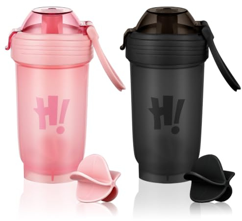 AOOWU Protein Shaker, 2PCS 500ml Proteína Shaker a Prueba de Fugas, Botella Mezcladora de Batidos de Proteínas con Bola Mezcladora y Anillo de Sellado, Adecuado para Deportes y Fitness(Rosa + Negro)