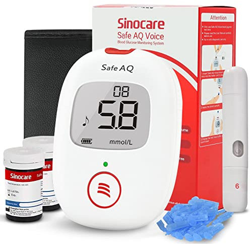 Diabetes Test Kit, Blood Sugar Tester with Voice Reminder and Light Warning Blood Glucose Monitor with Test Strips x 50 and Lancet x 50, Sinocare Safe AQ Voice Glucometer -in mmol/L