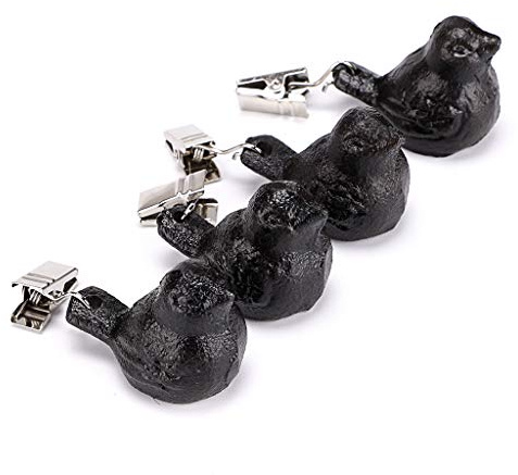OwnMy Set of 4 Black Tablecloth Weights Clip on, Heavy Duty Pendant Tablecloth Weights Kit with Cast Iron Antique Birds, Flag Weights Clips for Outdoor Garden Party Picnic Tablecloths