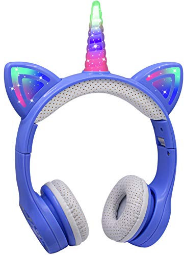 Kinderkopfhörer Bluetooth, Yusonic Einhorn Kopfhörer mit Bunte Lichter für iPod iPad iPhone Android Handy Tablet PC MP3 MP4 Player. (Einhorn Blau)