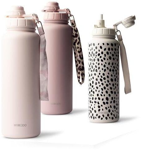 MAMEIDO Thermosflasche 500ml mit Strohhalm, Trinkflasche Kinder Edelstahl isoliert, Wasserflasche auslaufsicher BPA-frei (Blush Kissed, 0,5l)