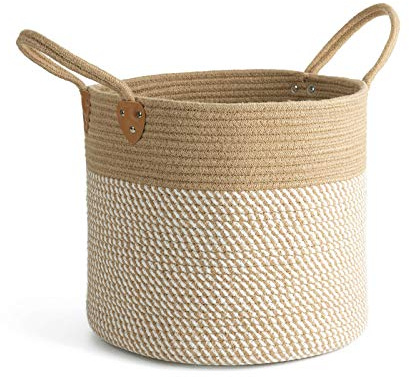 CHICVITA Large Wicker Jute Woven Storage Basket with Handles – Blanket Laundry Basket for Toys Towels Home Decor, White, 14 x 14 x 12