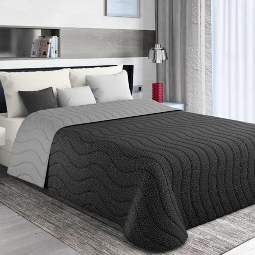 MAXIME MAISON - Tagesdecke 165x265 cm Schwarz/Grau Wendedesign, Tagesdecken Herbst/Frühling (100 gr/mq) Steppdecke Einzelbett Unterfüttert, Gesteppt, Weiche Mikrofaser, Made in Italy