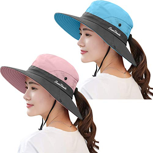IYEBRAO 2 Stück Damen UV-Schutz Pferdeschwanz Sonnenhut UPF 50+ Sommer Faltbare Mesh Boonie Cap für Strand Gartenarbeit Angeln Wandern, Rosa und Himmelblau, Einheitsgröße