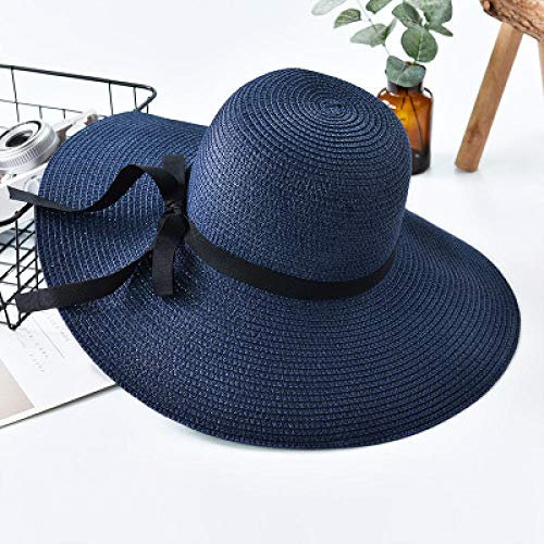 Sonnenhut Strohhut Hut Damen Frauen Sonnenhut Floppy Faltbarer Bowknot Strohhut Strandhut-Navy_One_Size
