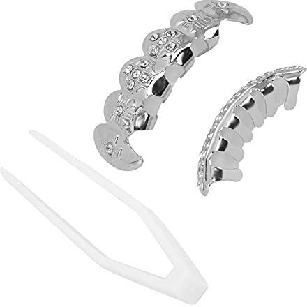 Tandställning, hip hop teeth grill set microset diamanthängslen, återanvändbar hip hop tänder dekoration klämma, bling-tänder dekoration för fest (silver)