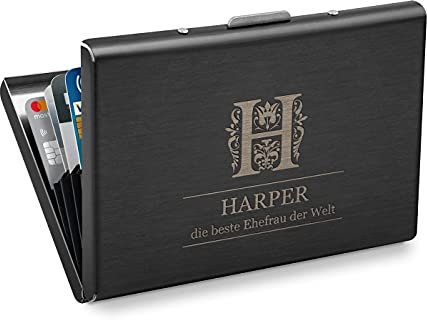 Maverton Kartenetui mit Gravur - für Kreditkarten + Visitenkarten - personalisiert - 5 Fächer - schwarz lackiert - Geburtstagsgeschenk für Frauen - Vorname