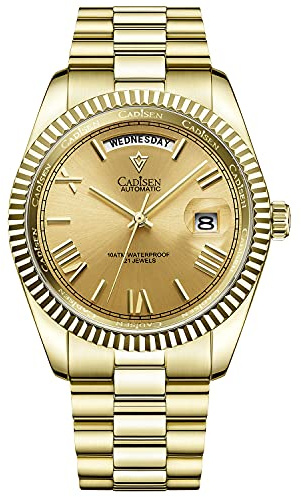 CADISEN Automatik Uhr Herren Mit Gangreserve Automatik Saphirglas Wasserdicht Edelstahlarmband (Gold)