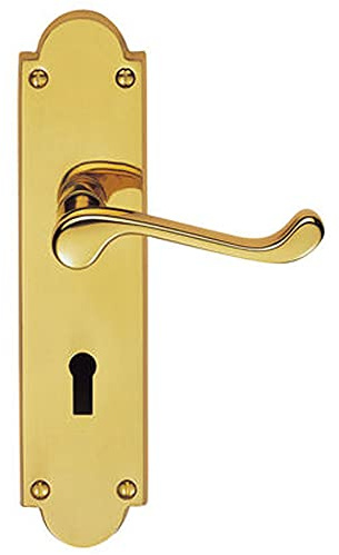 PAIR Victorian Scroll Handle on Lock Backplate - 205 x 49mm - Polished Brass | Traditional Lever on Backplate Door Handle - Internal Door Hardware - Lock, Euro, Oval and Latch Options Available