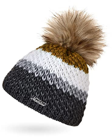 Neverless® Damen Strick-Mütze gefüttert Fleece-Innenfutter Fell-Bommel Kunstfell Winter-Mütze Bommelmütze Grobstrick Mehrfarbig dunkelgrau-weiß Unisize