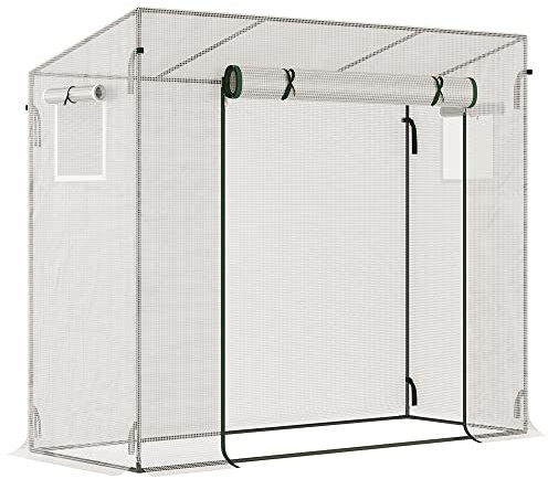 Outsunny Tomato Greenhouse Walk-in Garden Greenhouse with Pent Roof, Roll-up Door, Mesh Window for Plants Flowers Herbs Grow, 200 x 76 x 168 cm, White