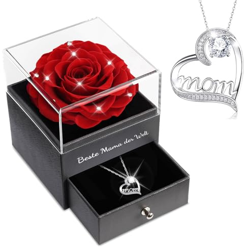 Sunia Geschenke für Mama, Ewige Echte Rose mit Mom Halskette aus 925 Sterlingsilber, Beste Mama der Welt Geschenke, Ewige Rose Blume Infinity Rose Geschenk zum Muttertag Geburtstags Weihnachten