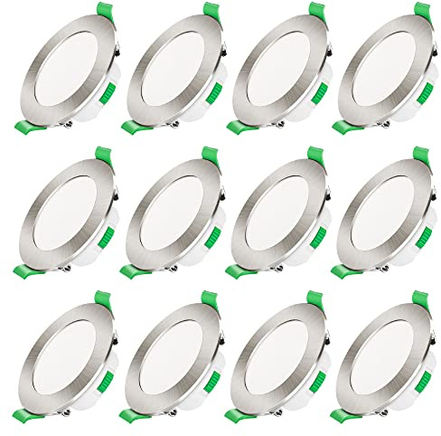 ALUSSO LED Downlights Dimmable 7W IP44 Slim Recessed Ceiling Lights, 3CCT 3000K Warm 4000K Neutral 6500K Cool Adjustable Bathroom Spotlights, Brushed Nickel, 12 Pack