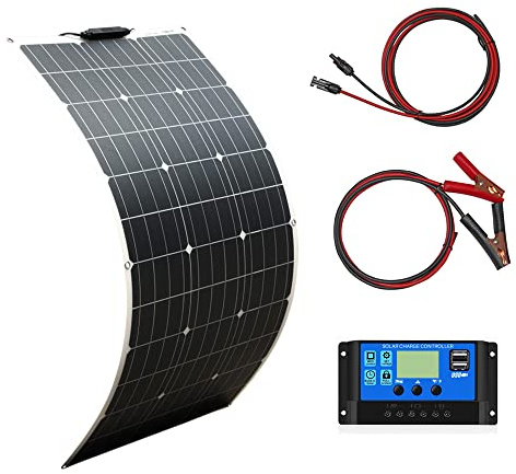 Chargeur de batterie en panneau solaire Flexible Kit Solar Pannel 100W avec contrôleur solaire 10A pour caravanes, camping-car, RV, voiture et pour charger une batterie 12V