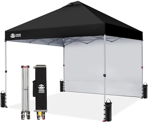 CROWN SHADES 10x10 Pop Up Canopy with 1 Side Wall - Beach Tent with One Push Setup - Outdoor Sun Shade for Events, Parties, Camping - Gazebo with STO-N-Go Cover Bag (Black)