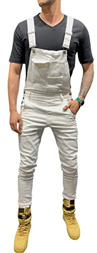Oanviso Herren Trägerhose Lange Jeanshose Slim Fit Retro Denim Jumpsuit Arbeitslatzhose Destroyed Ripped Cowboy Overalls Beiläufige Hosen Jumpsuit Mode Workwear Strampler Overalls A Weiß XXL