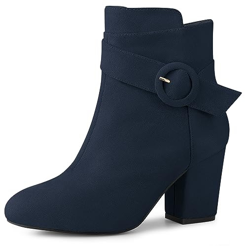 Allegra K Women's Round Toe Block Heel Boots Navy Blue Ankle Booties 7 M US