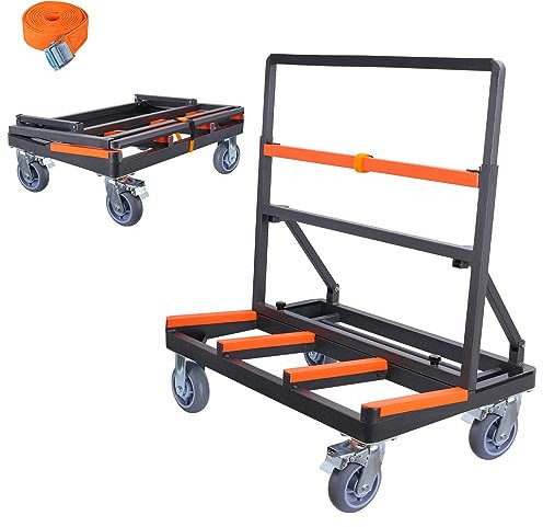 Faltbarer Trockenbauwagen, strapazierfähig, Tragkraft 1000 kg, Trockenbauwagen mit Gummi-Drehrollen, Plattenwagen, Sperrholz, Blech, Glas und Fenster