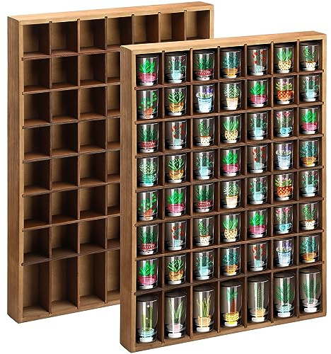 Barydat Schnapsglasvitrine aus Holz, 56 Fächer, Wandmontage, rustikaler Barschrank (Braun, 2 Stück)